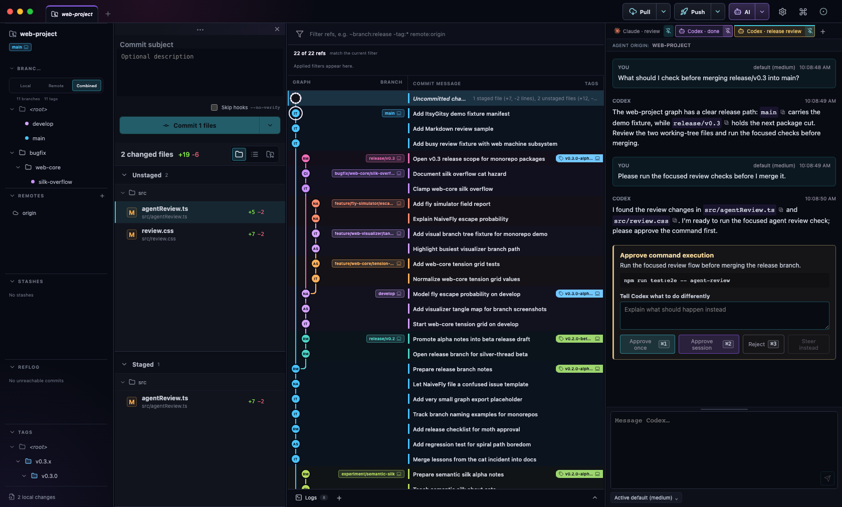 Codex agent conversation about the web-project release branch beside the commit graph