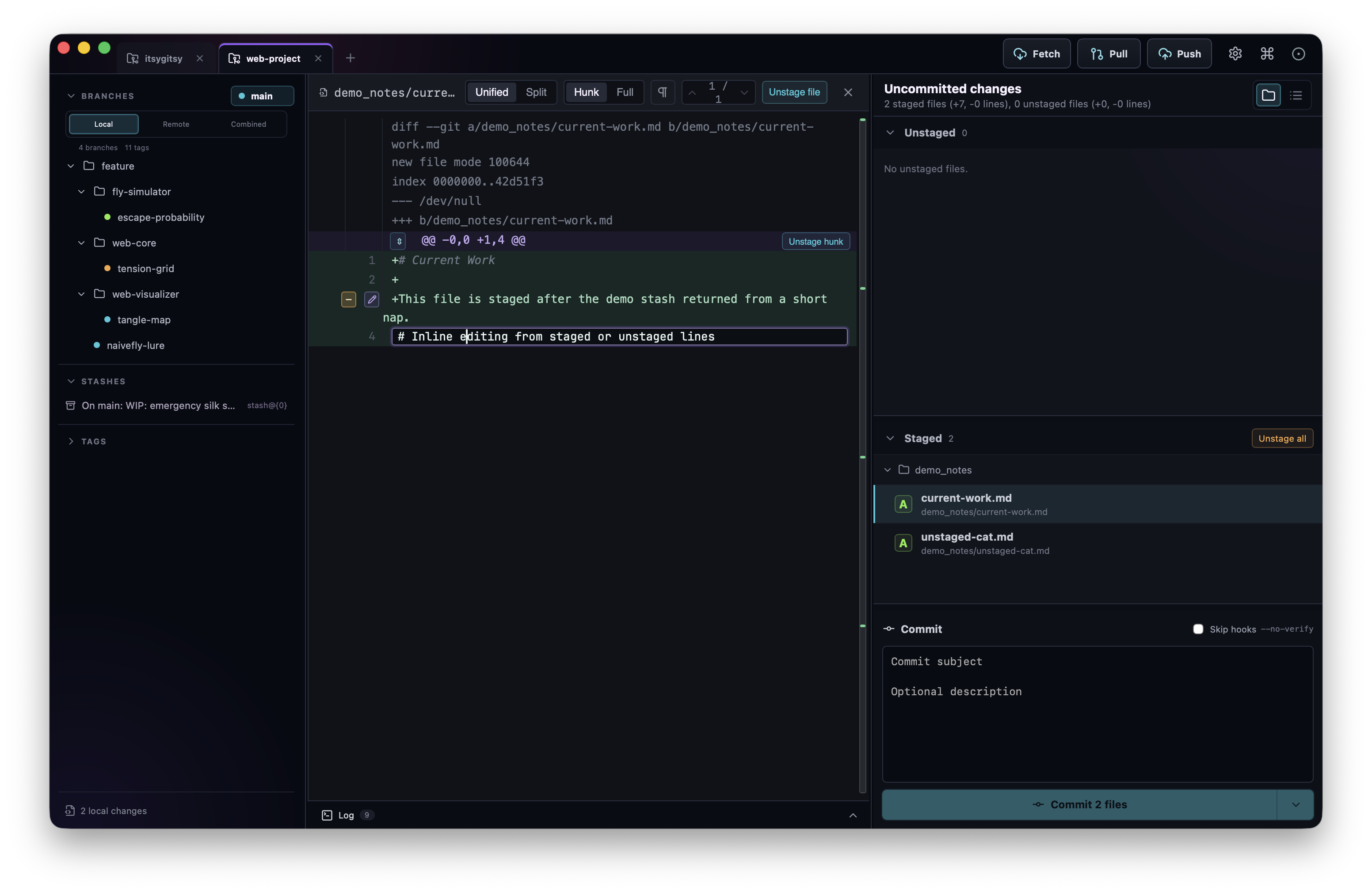 ItsyGitsy inline diff editing showing line-level review actions