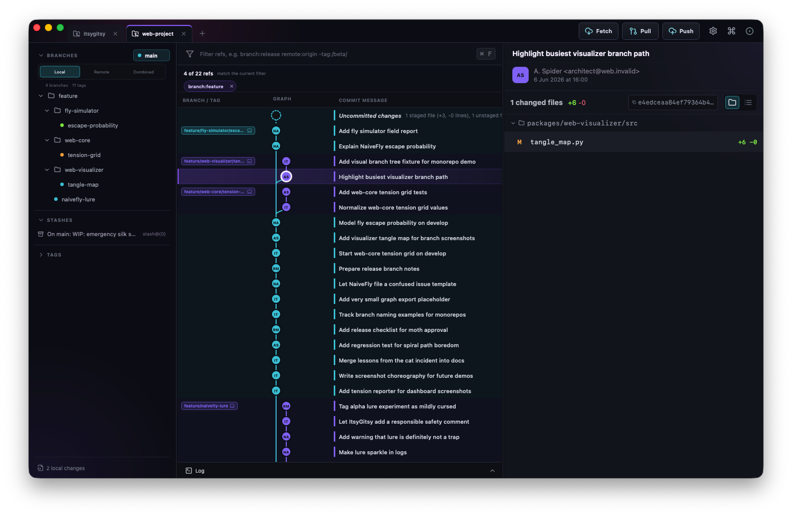 ItsyGitsy reference filter view showing branch, remote, tag, author, and message filters