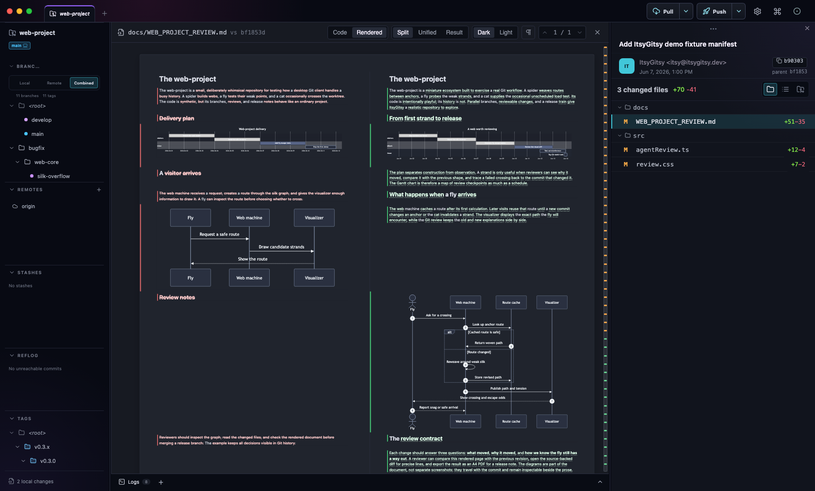 Rendered web-project Markdown diff with Gantt and sequence diagrams and an A4 PDF export option